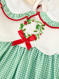 Christmas Green Plaid Embroidered Long Sleeve Dress