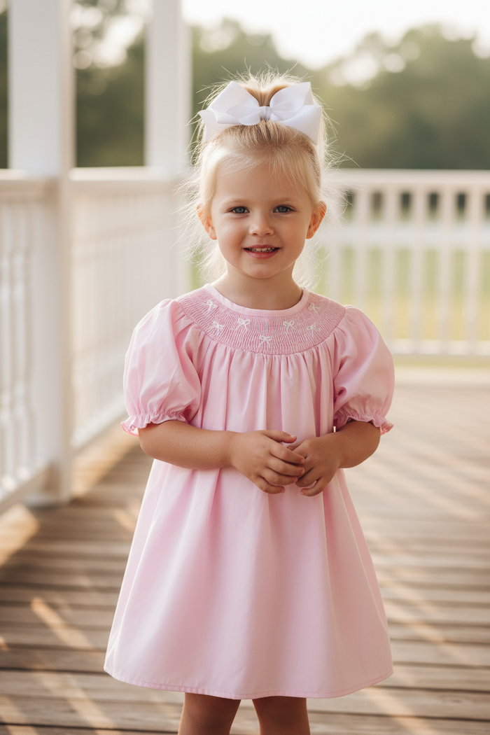 White Bow Smock Embroidered Pink Dress