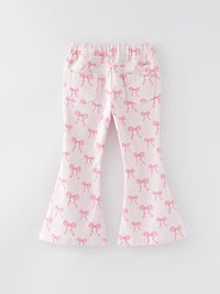 Pink Bow Print Elastic Flared Jeans Denim pant