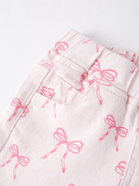 Pink Bow Print Elastic Flared Jeans Denim pant
