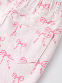 Pink Bow Print Elastic Flared Jeans Denim pant