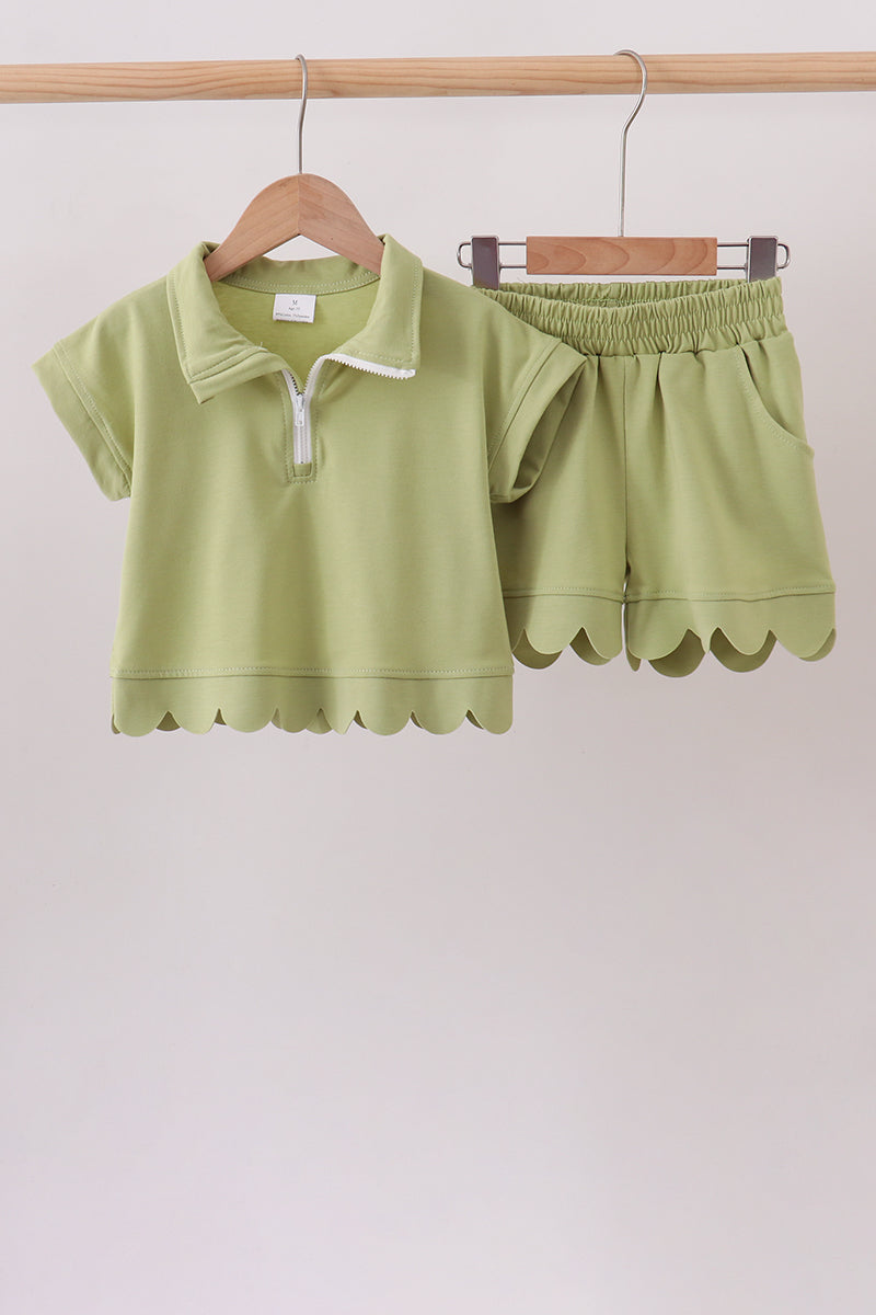 Scalloped zipper shorts set - Sage