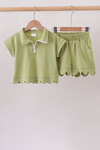 Scalloped zipper shorts set - Sage