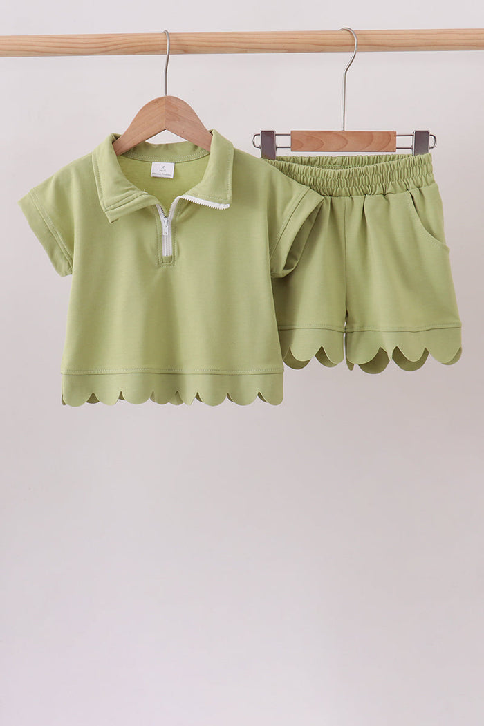 Scalloped zipper shorts set - Sage