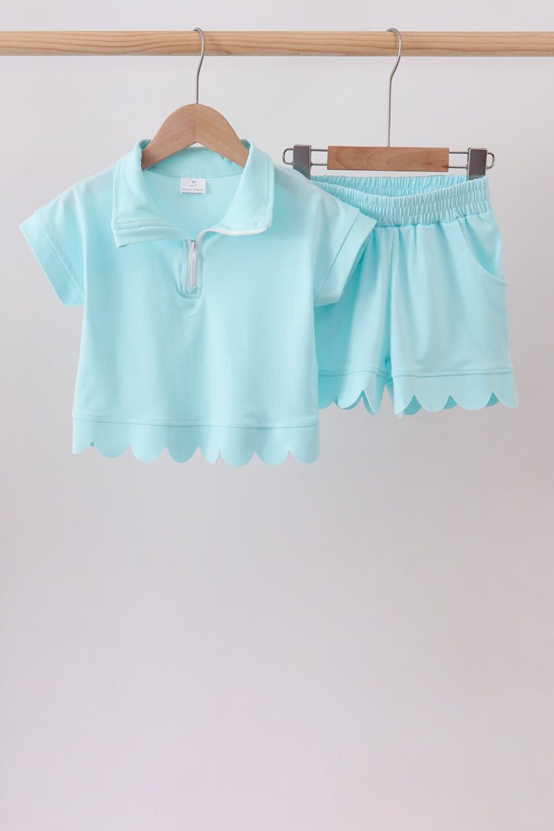Scalloped zipper shorts set - Light Blue