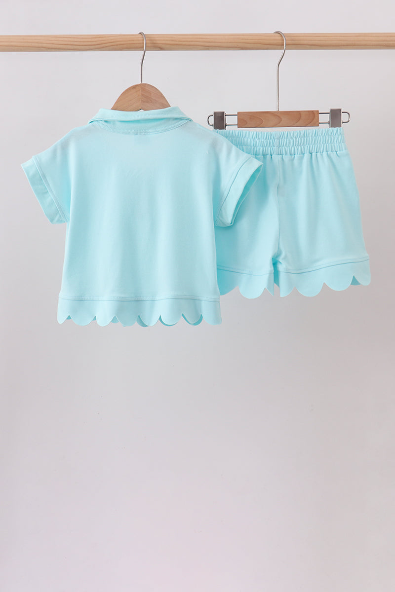 Scalloped zipper shorts set - Light Blue