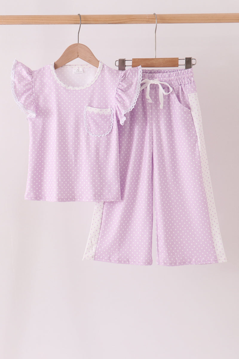 Polka dot pocket ruffle pants set - Lavender