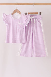 Polka dot pocket ruffle pants set - Lavender