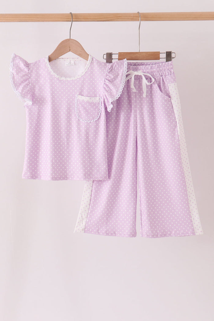 Polka dot pocket ruffle pants set - Lavender