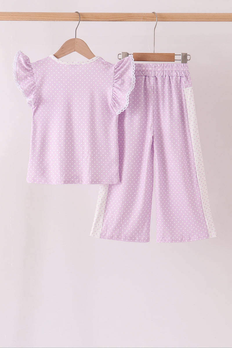 Polka dot pocket ruffle pants set - Lavender