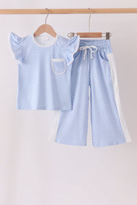 Polka dot pocket ruffle pants set - Blue