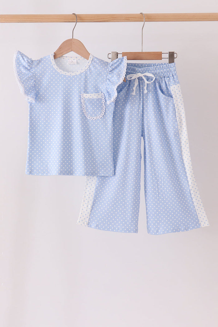 Polka dot pocket ruffle pants set - Blue