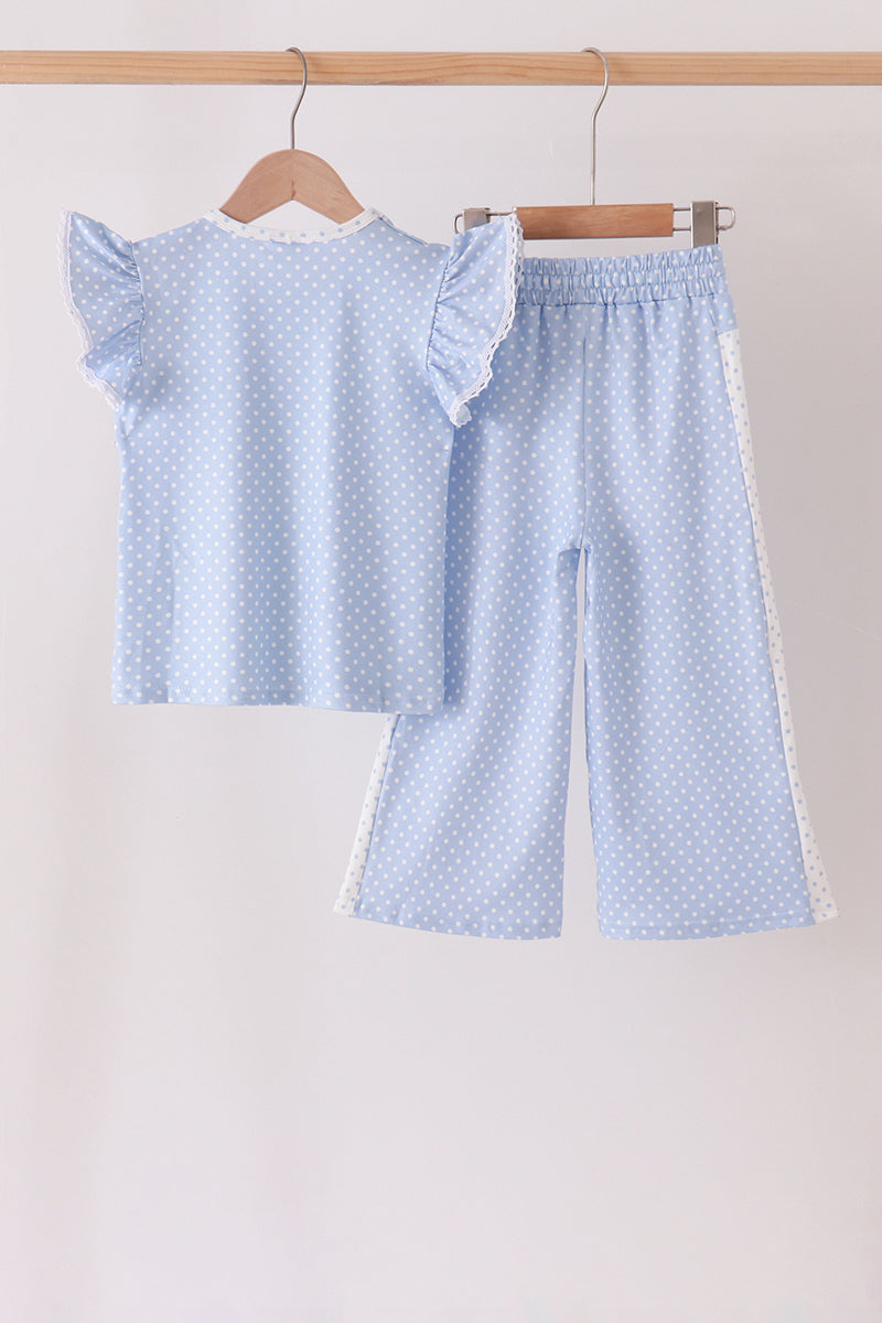 Polka dot pocket ruffle pants set - Blue