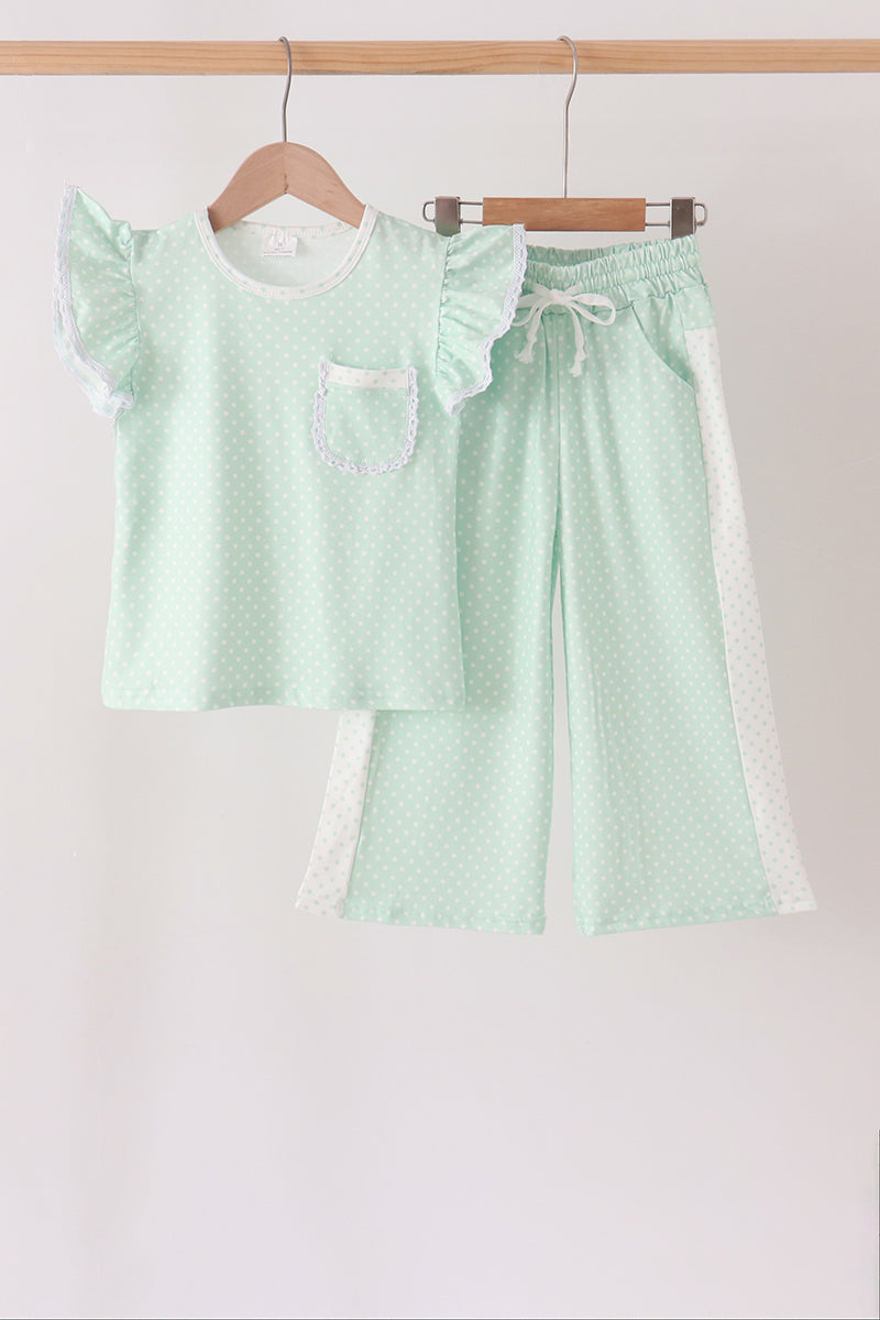 Polka dot pocket ruffle pants set - Green