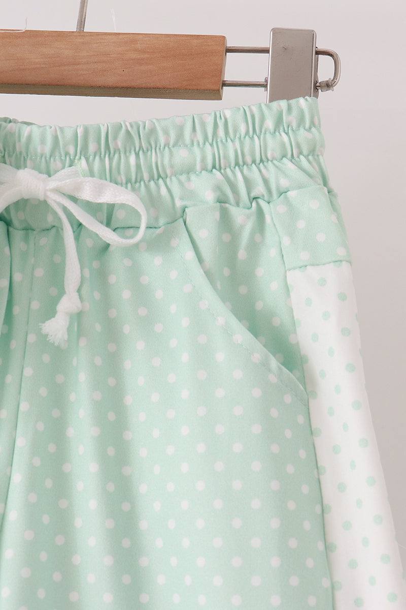 Polka dot pocket ruffle pants set - Green