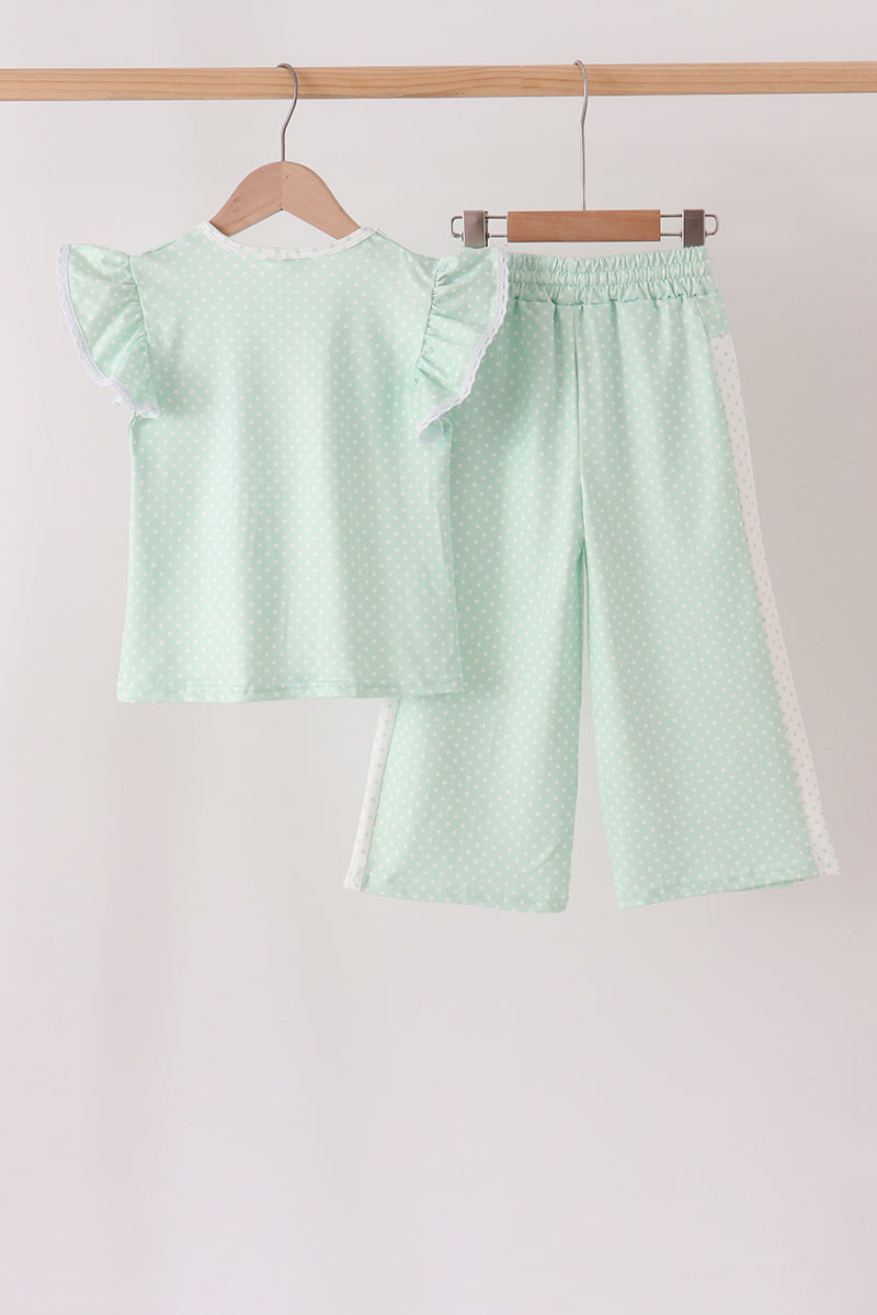 Polka dot pocket ruffle pants set - Green