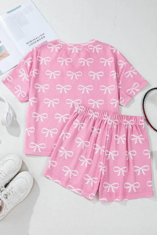 Valentine Bow Waffle Knit T-Shirt and Shorts Set - Essential Southern Charm