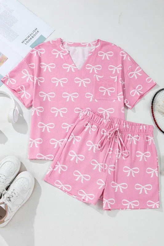 Valentine Bow Waffle Knit T-Shirt and Shorts Set - Essential Southern Charm