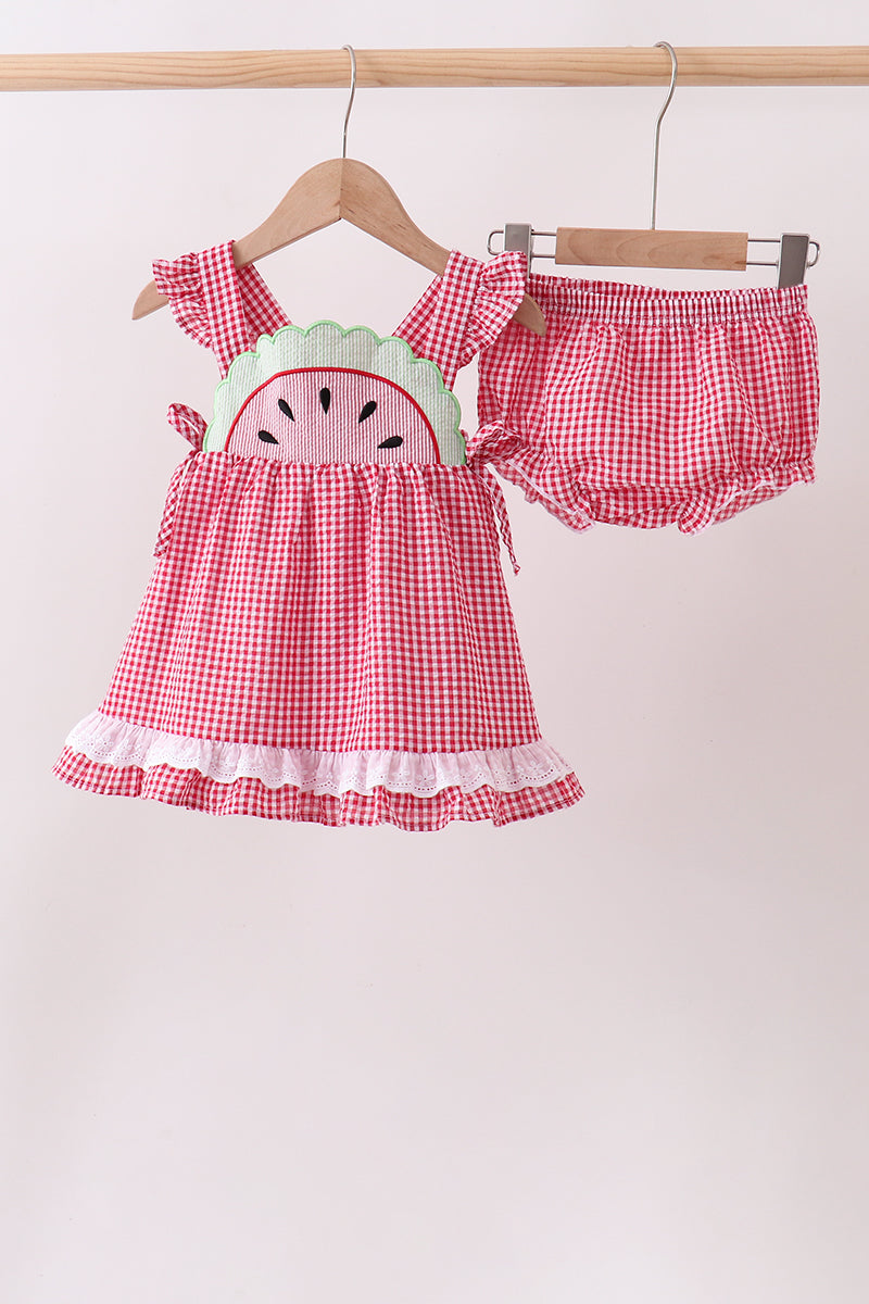 Watermelon ruffle gingham bloomer set