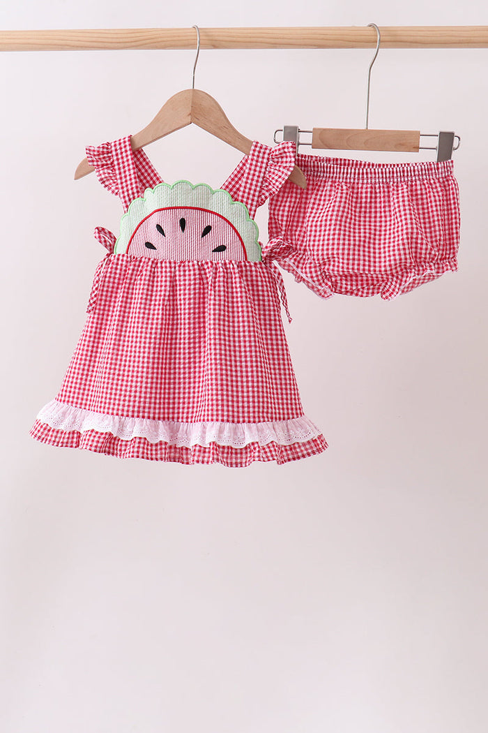 Watermelon ruffle gingham bloomer set