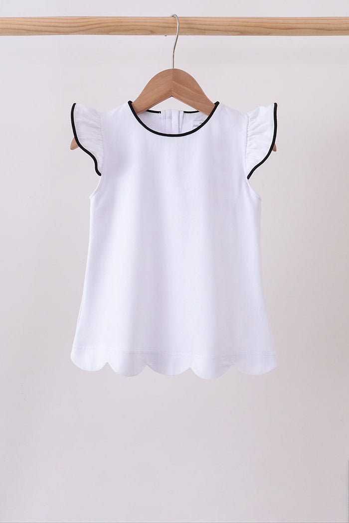 Flutter sleeve scalloped top - White