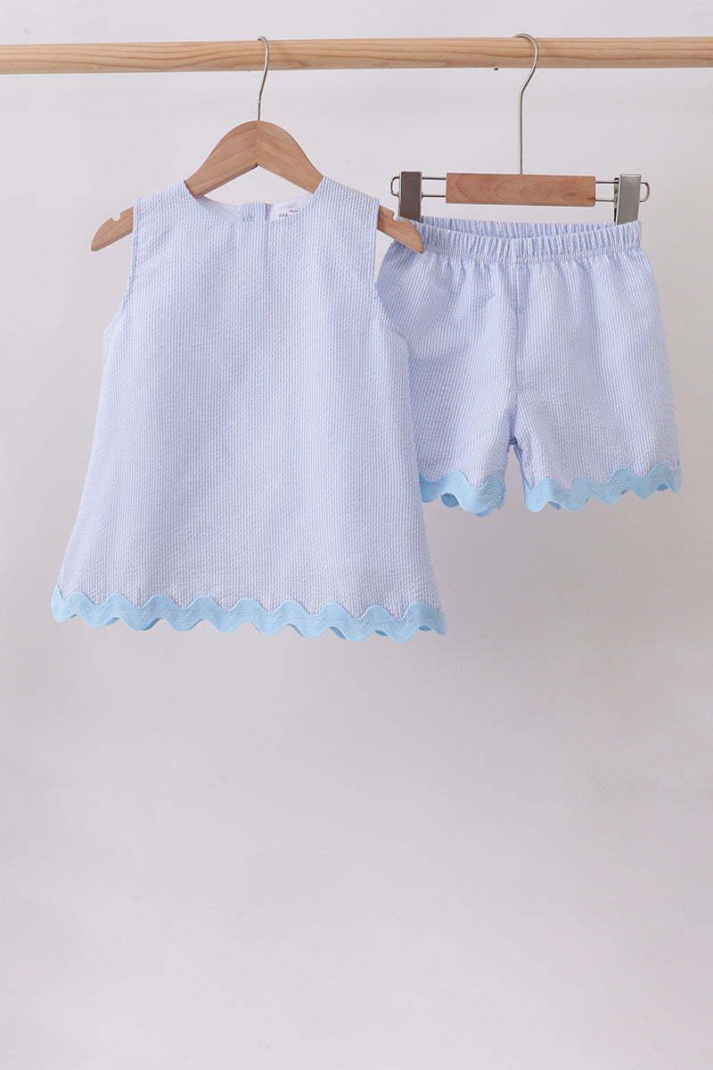 Seersucker Stripe Scalloped Shorts Set - Blue