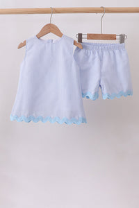 Seersucker Stripe Scalloped Shorts Set - Blue