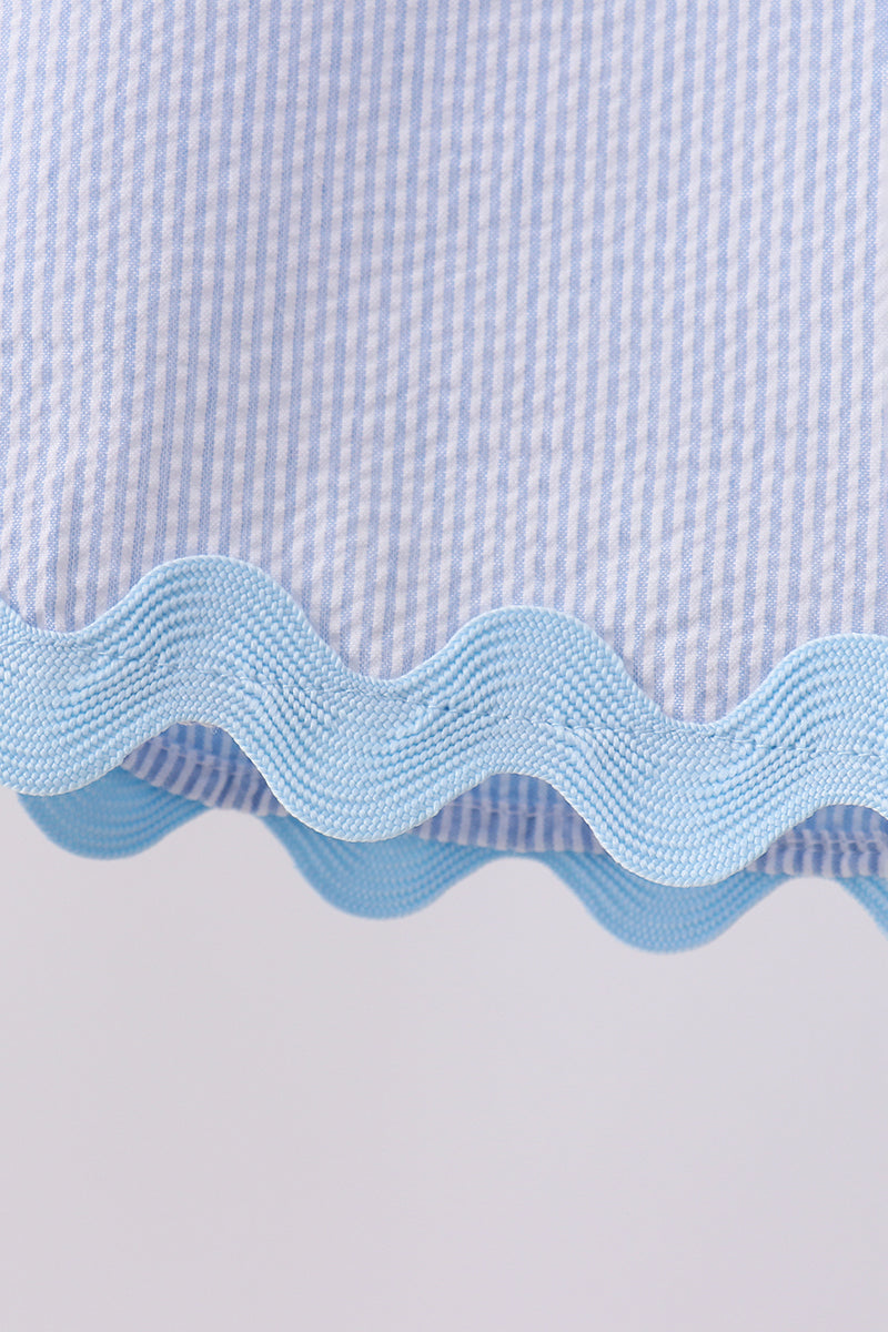 Seersucker Stripe Scalloped Shorts Set - Blue