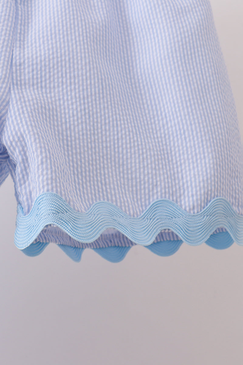 Seersucker Stripe Scalloped Shorts Set - Blue