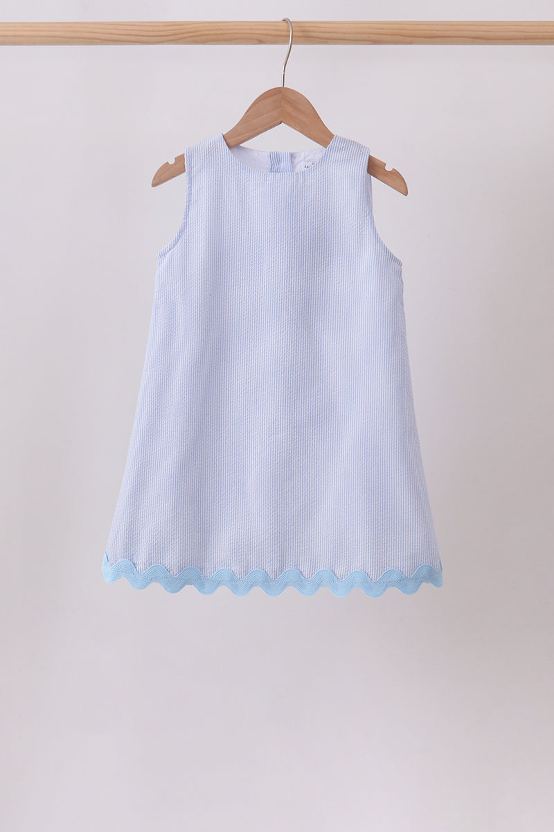Seersucker Stripe Scalloped Dress - Blue