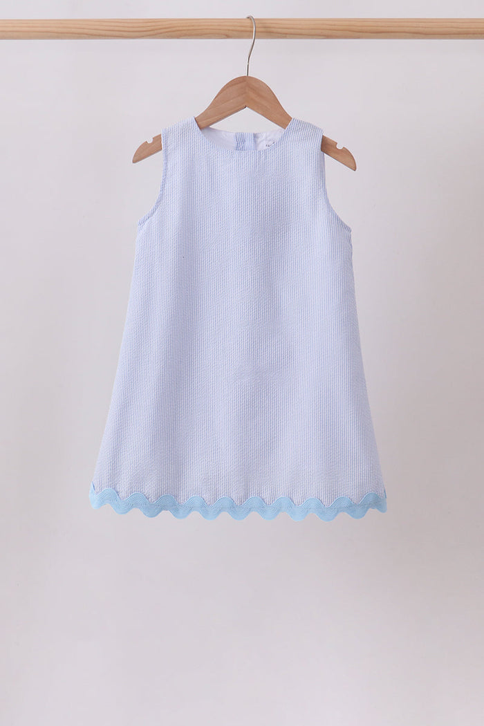 Seersucker Stripe Scalloped Dress - Blue