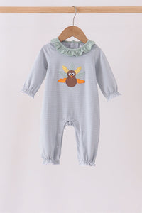 Turkey embroidery ruffle stripe romper