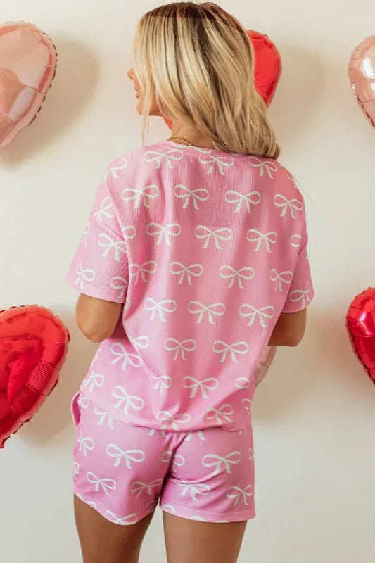 Valentine Bow Waffle Knit T-Shirt and Shorts Set - Essential Southern Charm