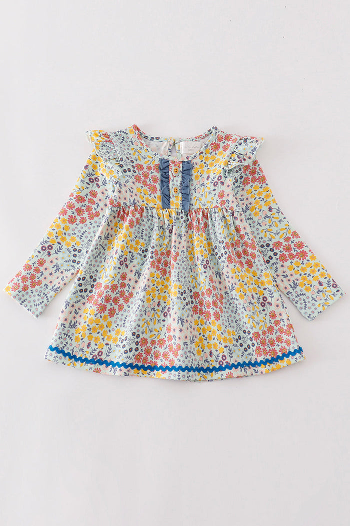 Platinum Blue Floral Print Ruffle Dress - Essential Southern Charm