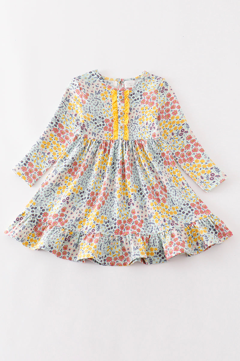 Platinum Blue Floral Print Ruffle Girl Dress - Essential Southern Charm