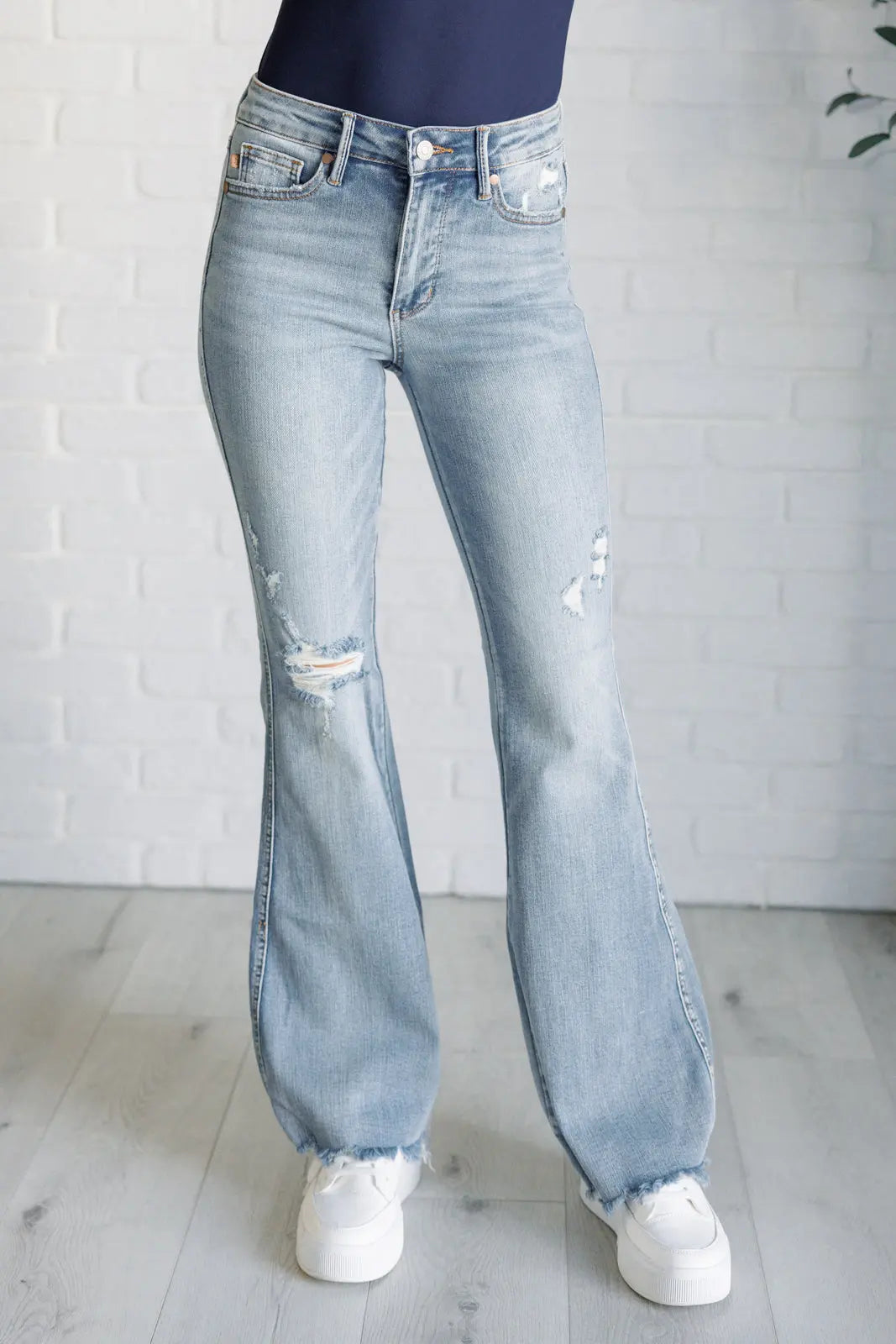 Caroline Mid Rise Control Top Distressed Flare Jeans - Essential Southern Charm