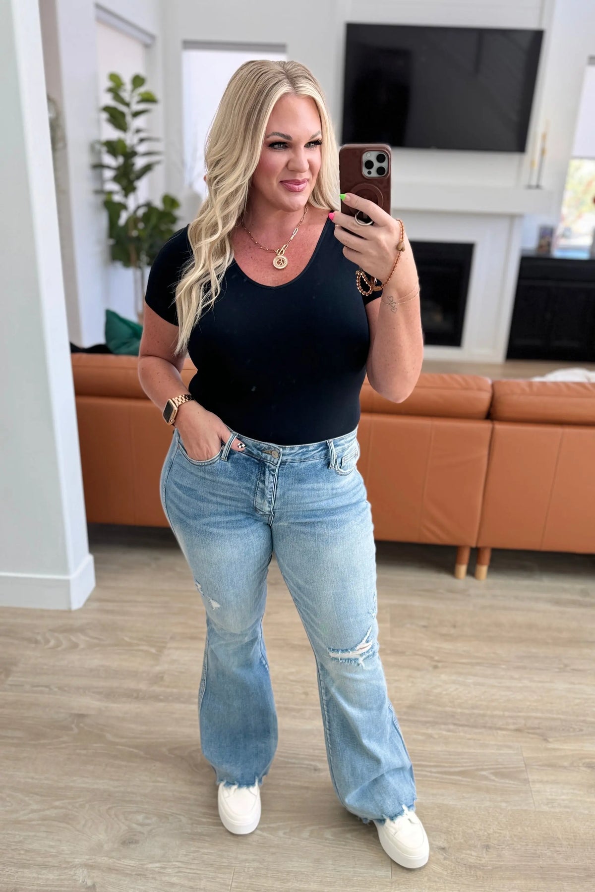 Caroline Mid Rise Control Top Distressed Flare Jeans - Essential Southern Charm