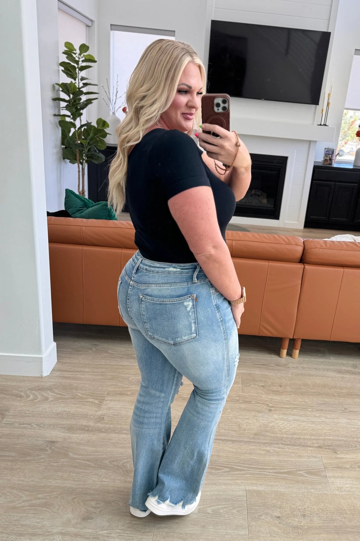 Caroline Mid Rise Control Top Distressed Flare Jeans - Essential Southern Charm