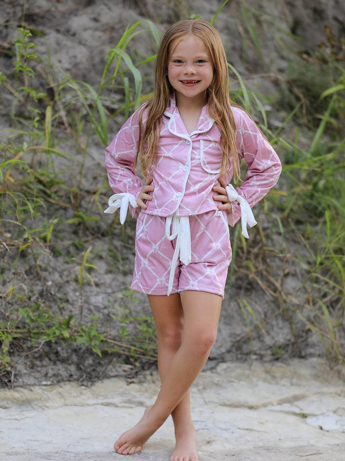 Mommy & me Autumn Check Bow Girls Lapel Pajamas - Essential Southern Charm