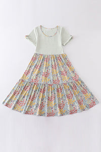 Platinum Flroal Print Stripe Tiered Dress For Adult - Essential Southern Charm