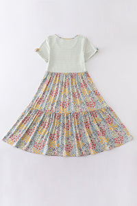 Platinum Flroal Print Stripe Tiered Dress For Adult - Essential Southern Charm