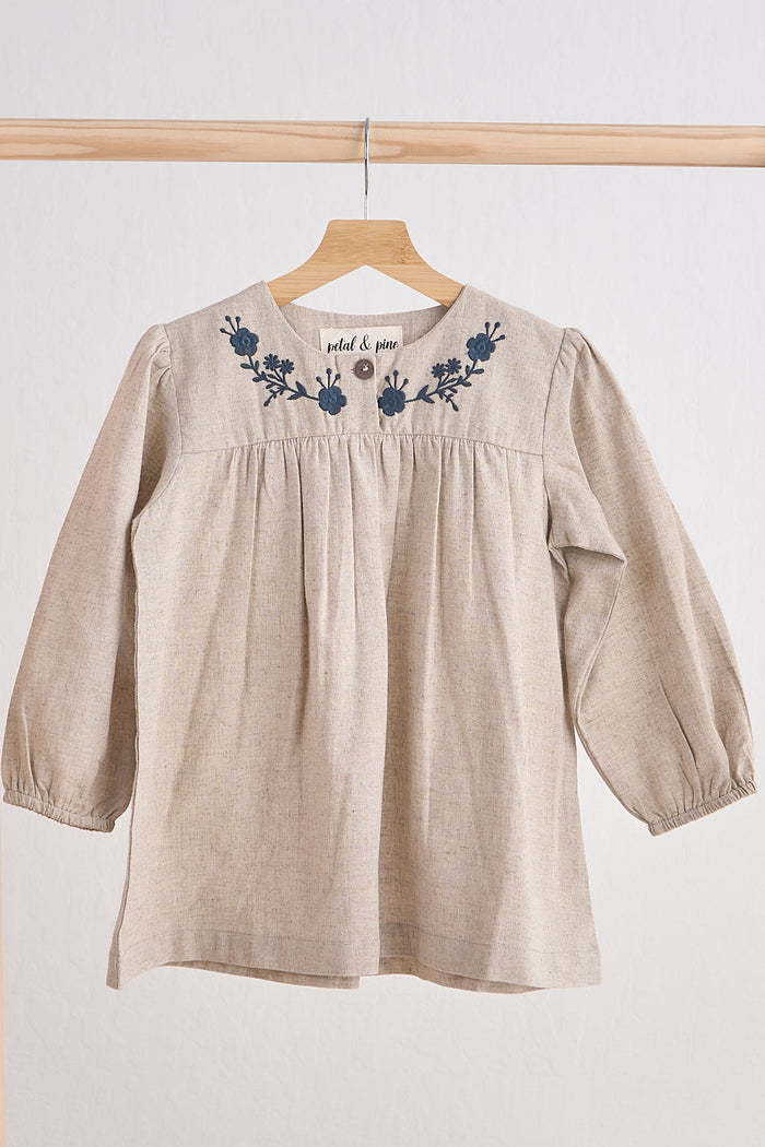Gray Floral Embroidery Linen Girl Dress - Essential Southern Charm