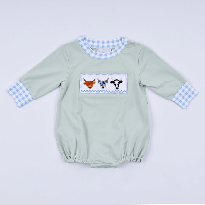 Luxe Sage Cow Hand Smocked Bubble - Essential Southern Charm