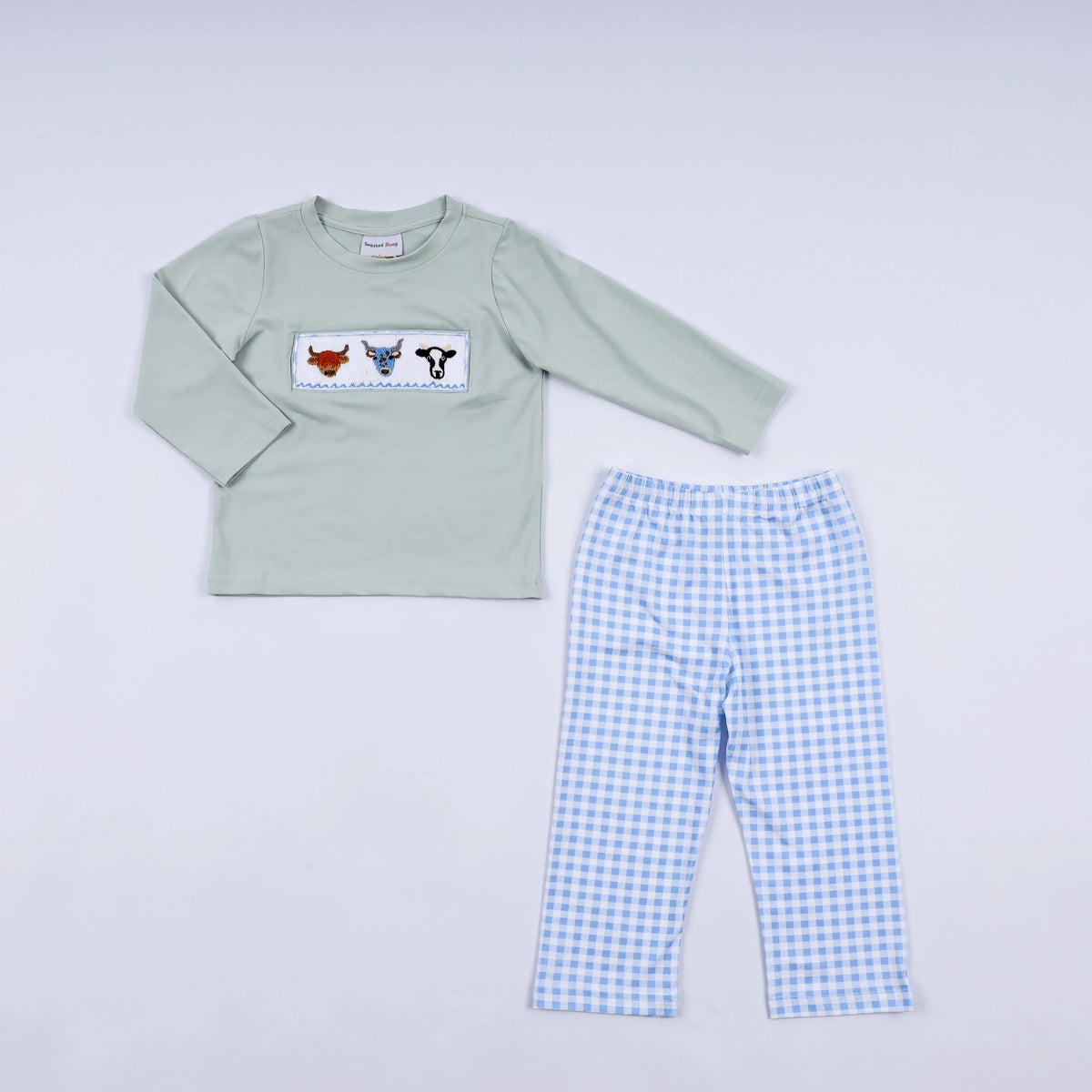 Luxe Sage Cow Hand Smocked Gingham Pants Set - Essential Southern Charm