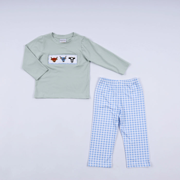 Luxe Sage Cow Hand Smocked Gingham Pants Set - Essential Southern Charm