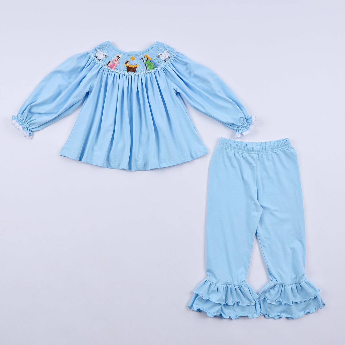 Nativity hand smocked ruffle pants set
