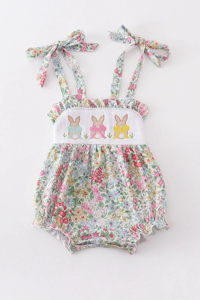 Floral print bunny embroidery smocked girl bubble - Essential Southern Charm