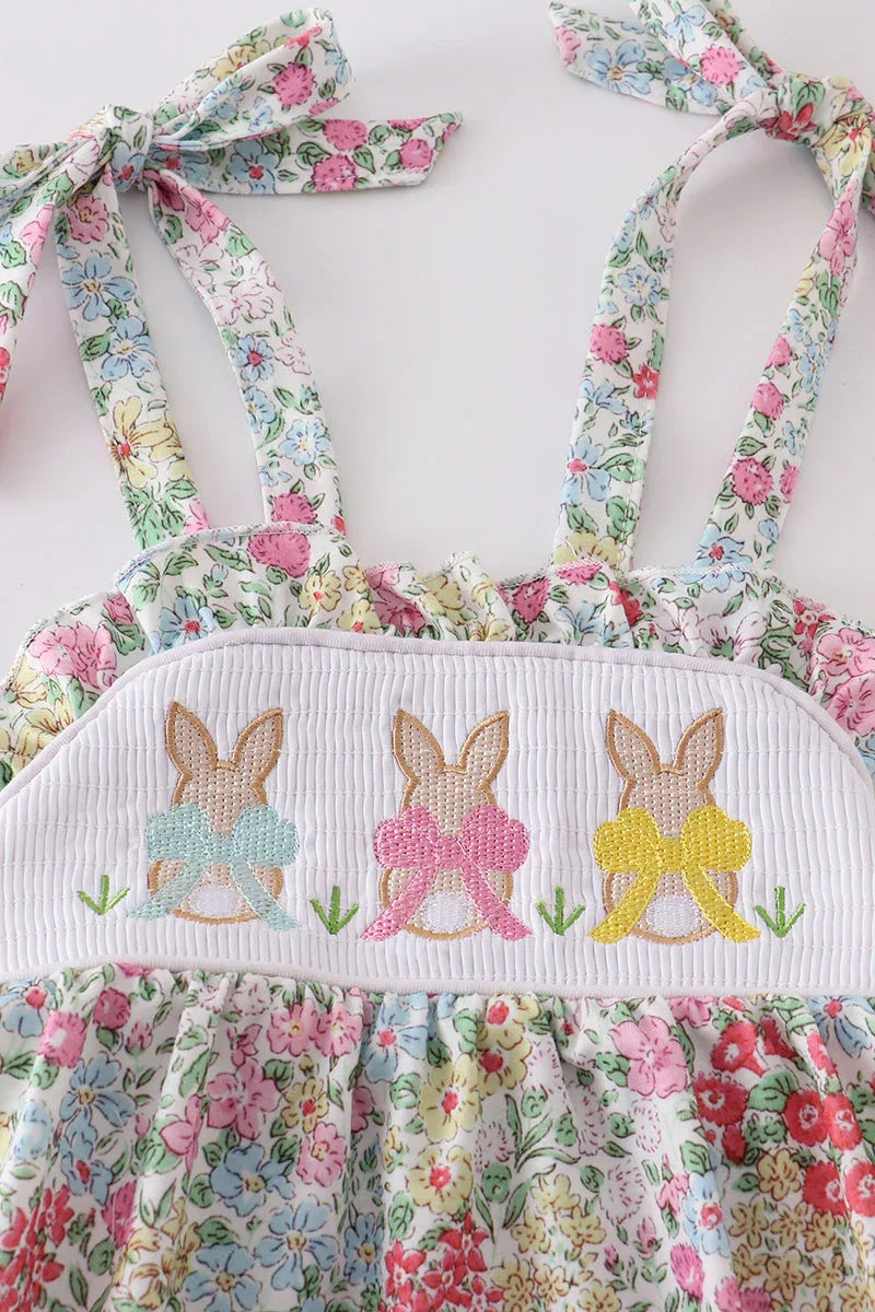 Floral print bunny embroidery smocked girl bubble - Essential Southern Charm