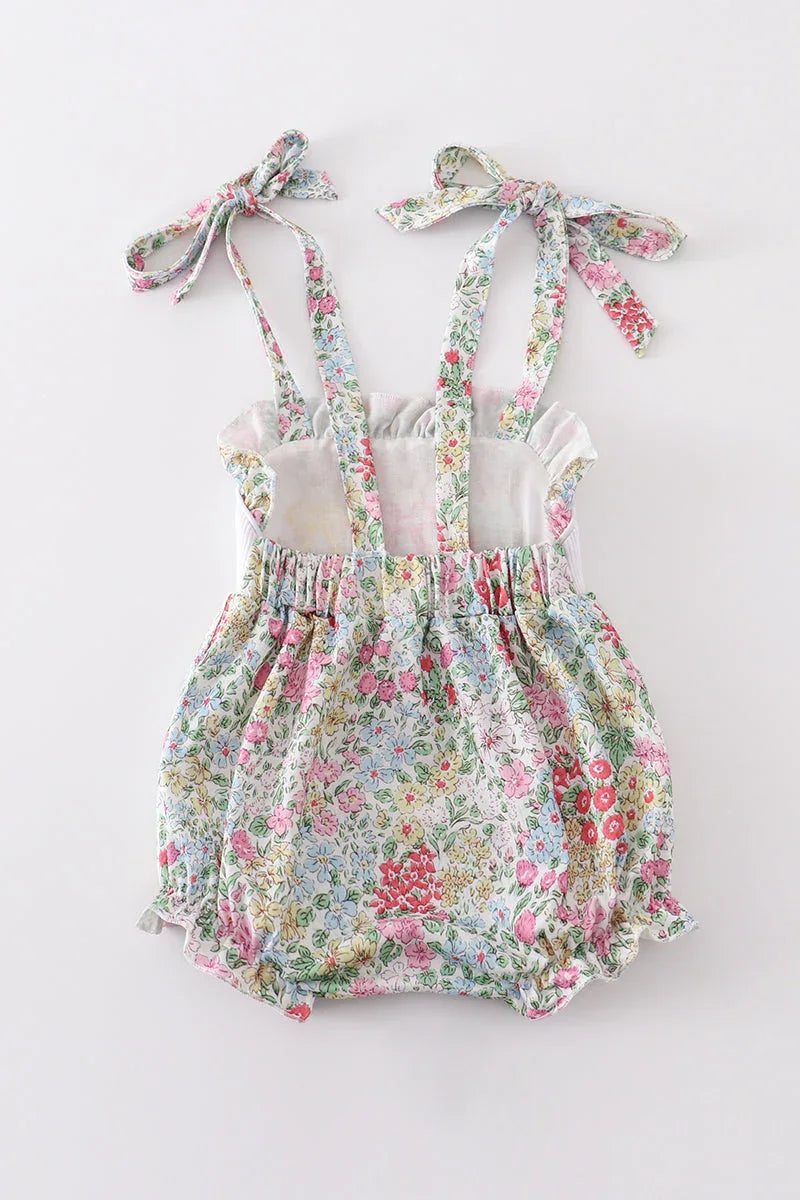 Floral print bunny embroidery smocked girl bubble - Essential Southern Charm