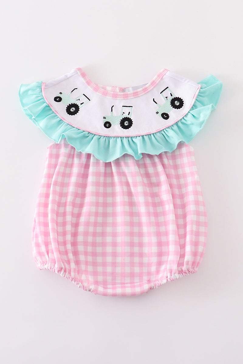 Tractor embroidery plaid girl bubble